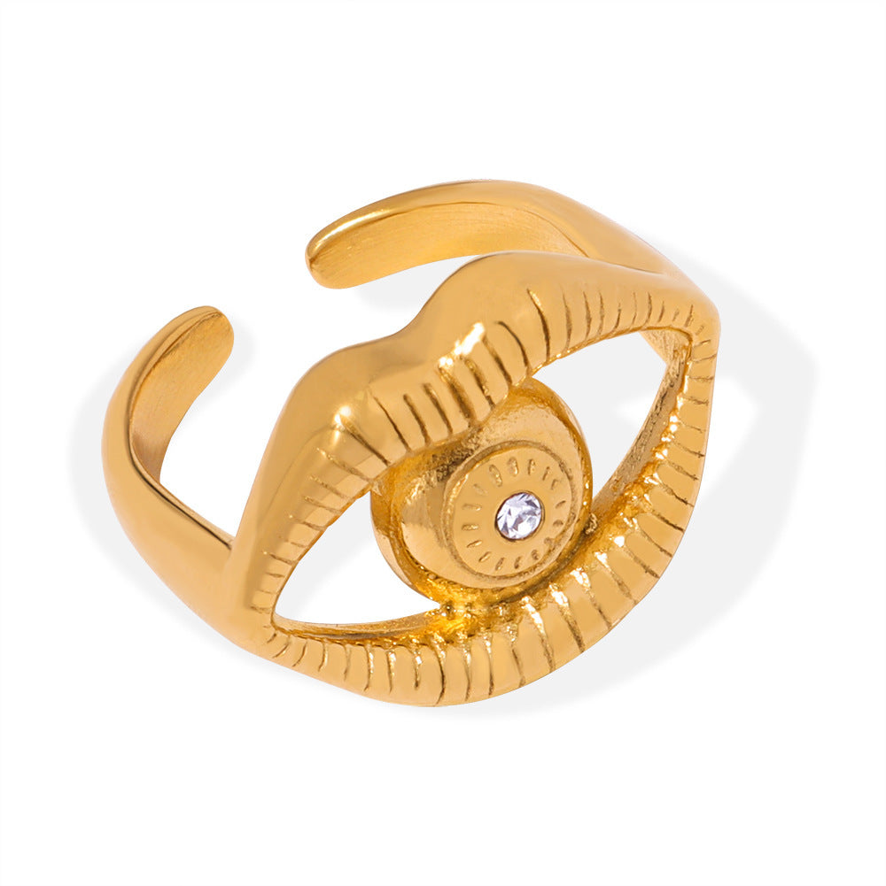 B廠【A055】歐美誇張嘻哈設計感開口指環嘴唇眼睛鑲嵌鋯石戒指鈦鋼鍍金飾品女 24.03-1