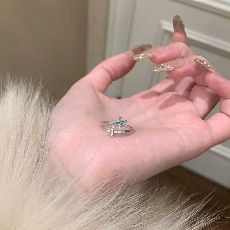 F廠【DQ8489R】ins冷淡風雙層十字架戒指女S925純銀韓系高級感鋯石開口指環 25.05-5