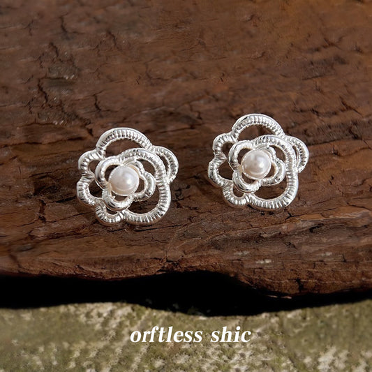 C廠【6686】輕奢風高級感山茶花925銀針鏤空立體花朵新款耳環耳環 飾品女
 25.09-1