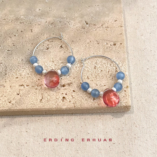 C廠【5866】藍色海洋系~玻璃琉璃貓眼石圓形幾何度假風甜耳飾耳環飾品 25.05-1