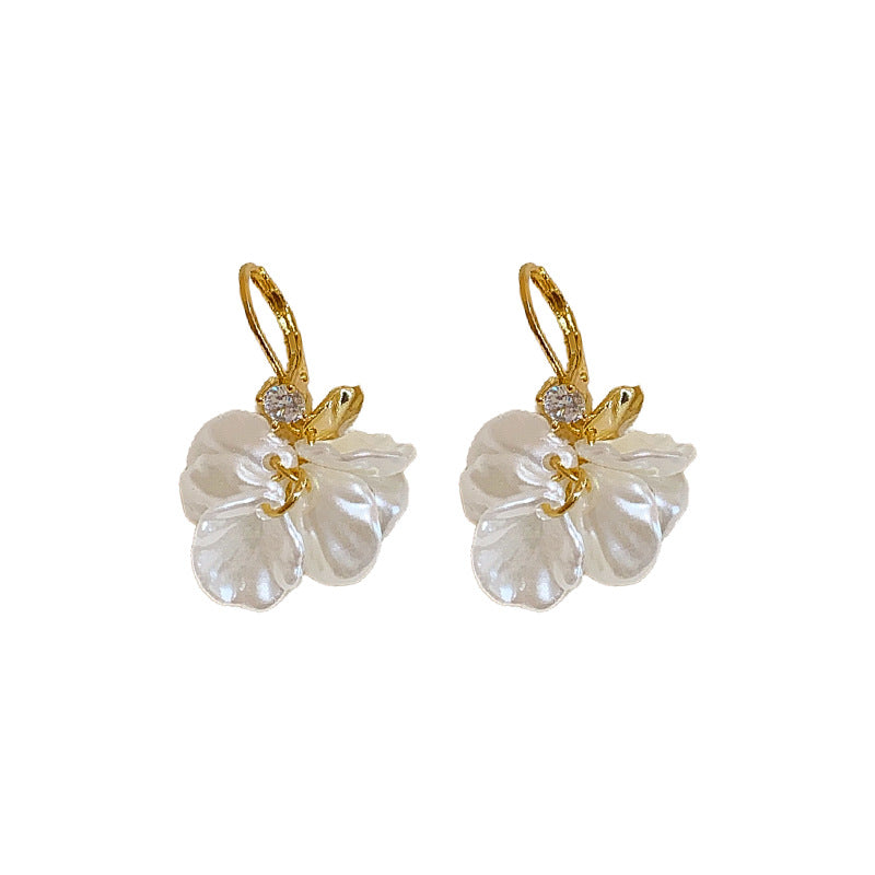 A廠【HE24869】真金電鍍鋯石花朵貝殼流蘇耳扣氣質百搭耳環女輕奢耳飾小眾高級感 25.02-3
