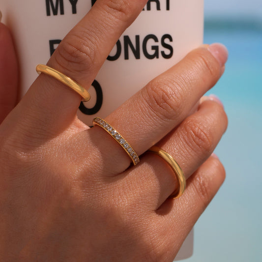 B廠【A725】ins小眾設計幾何素圈鑲鋯石三層疊戴戒指女款不鏽鋼鍍18k金 25.05-1