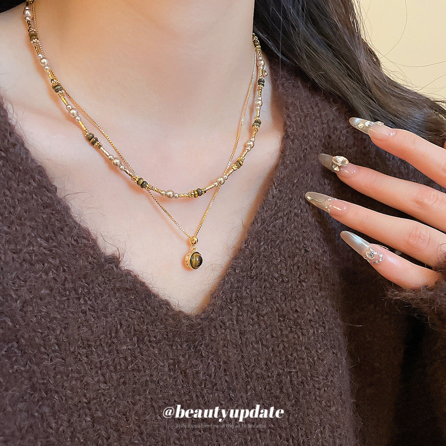 A廠【HN10420】18k真金電鍍虎眼石珍珠串珠項鍊美拉德高級感鎖骨鏈復古國潮頸鍊
 25.10-5