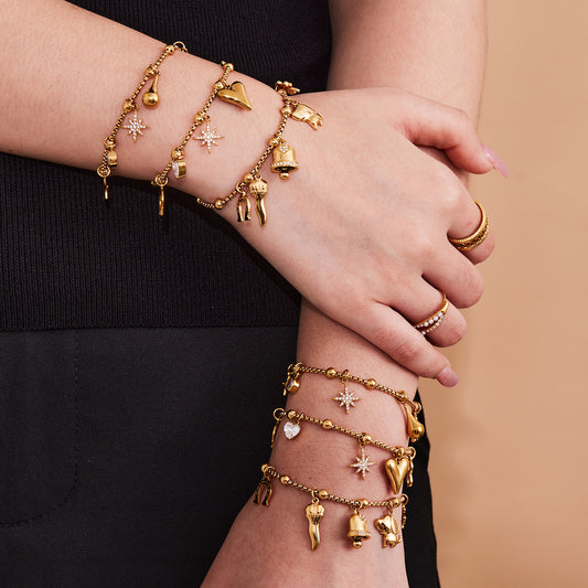 B廠【E155】精緻多配件鈴鐺八芒星吊墜鑲鋯石手鍊組合不鏽鋼鍍18k真金
 25.09-1