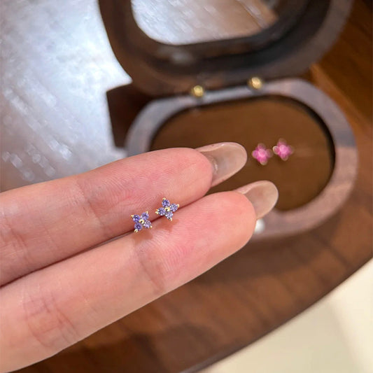 F廠【DQ10462E】S925純銀韓迷你紫色四葉草耳環女精緻甜美四葉花百搭耳飾潮 25.08-3