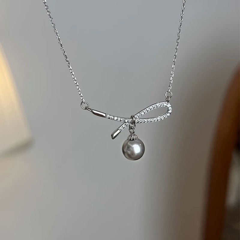 F廠【DQ0333N】芭蕾少女緞帶蝴蝶結施家仿珍珠項鍊女S925純銀輕奢小眾鎖骨鏈 25.02-4