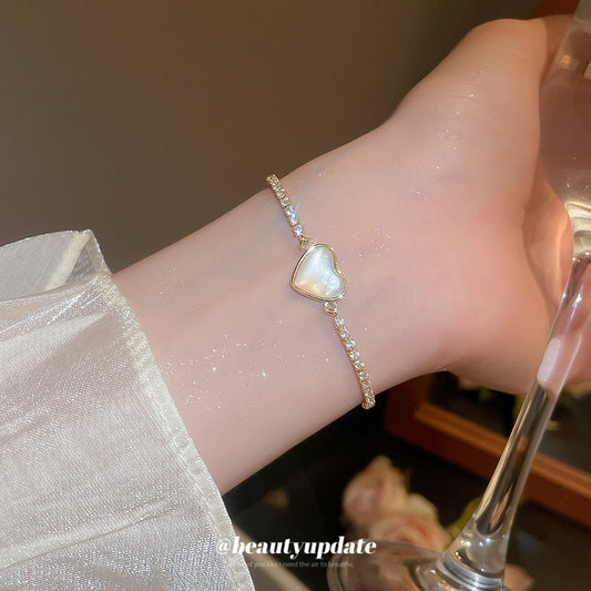 A廠【HB3689】真金電鍍鋯石貝母愛心可調手鍊輕奢高級感簡約優雅手環氣質手飾 25.04-3