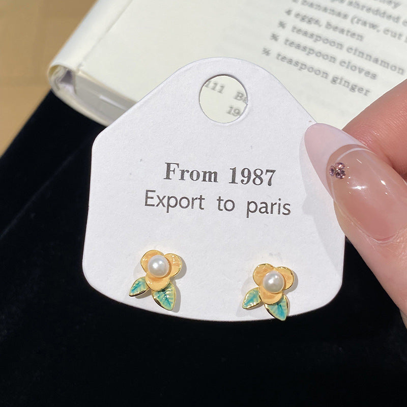 F廠【DQ10288E】S925純銀時尚簡約小黃花耳環女氣質高級感淡水珍珠花朵耳環潮 25.05-3