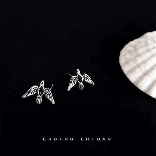 C廠【5929】個性甜酷風ins微鑲鋯石飛鳥銀針耳環女 小眾設計師古銀色耳飾 25.05-1