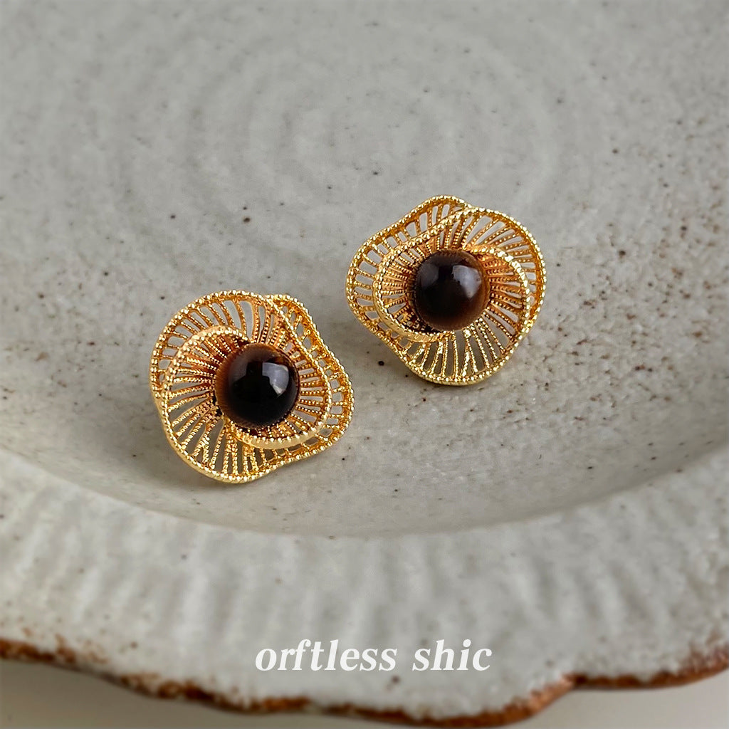 C廠【6976】美拉德風文藝復古虎眼石天然石秋冬爆款新款幾何鏤空花朵耳環耳環
25.10-5