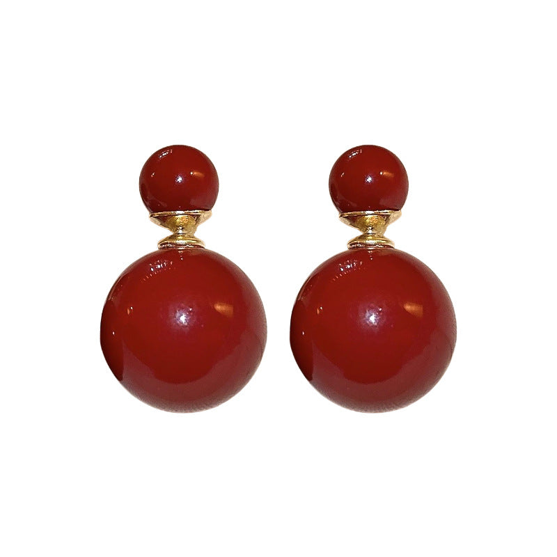 A廠【HE18660】銀針新年紅珍珠圓形耳環簡約復古氣質耳環創意前後兩戴耳環 24.01-3