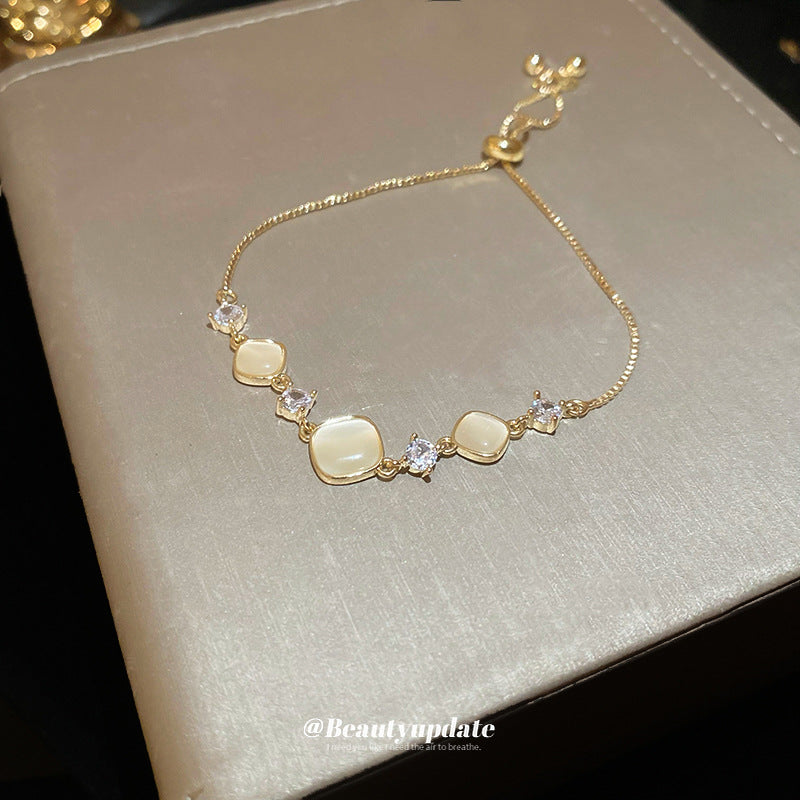 A廠【HB3144】全新品鑲鑽方形貓眼石拼接手鍊精緻時尚手環法式輕奢小眾氣質手飾女 24.09-4