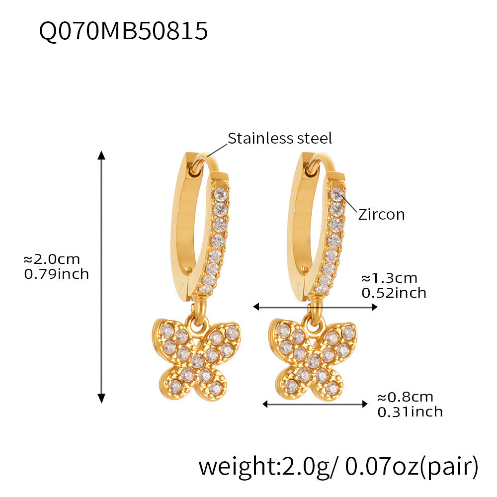 B廠【Q062】歐美飾品不銹鋼蝴蝶吊墜帶鑽耳環鍍18k真金跨境熱銷耳飾女 25.08-5