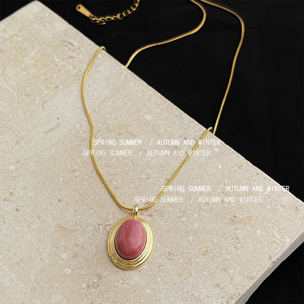 C廠【5646】高保色鍍18K真金304不鏽鋼高品質天然石紅木紋項鍊高級感鎖骨鍊女 25.03-1