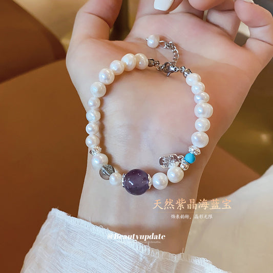 A廠【HB4321】紫晶淡水珍珠串珠福字吊墜手鍊宮廷風手串手環輕奢高級感手飾 25.08-2