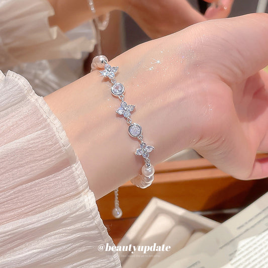 A廠【HB4638】超閃鋯石珍珠串珠花朵圓形吊墜手鍊優雅手環手串輕奢高級感手飾女
 25.10-2