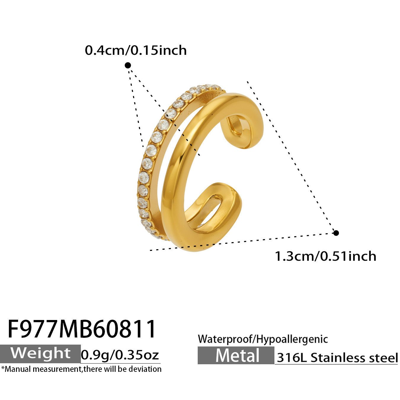 B廠【F977】跨境時尚ins不銹鋼316L微鑲鋯石雙層耳夾女高級感飾品無耳洞耳環
26.08-3