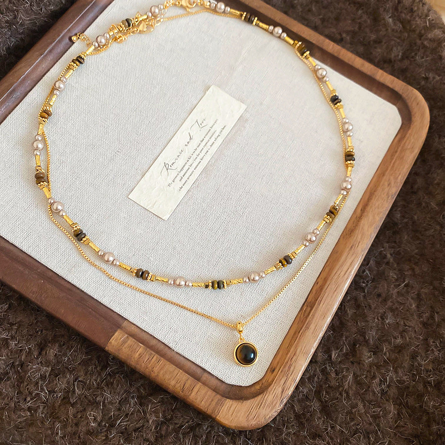 A廠【HN10420】18k真金電鍍虎眼石珍珠串珠項鍊美拉德高級感鎖骨鏈復古國潮頸鍊
 25.10-5