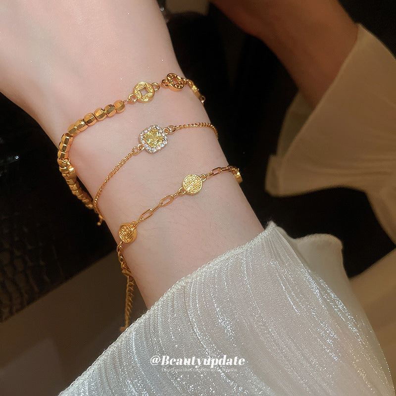 A廠【HB3537】24k真金電鍍沙金鋯石銅錢手鍊女新中式氣質手環輕奢高級感手飾女 25.03-1