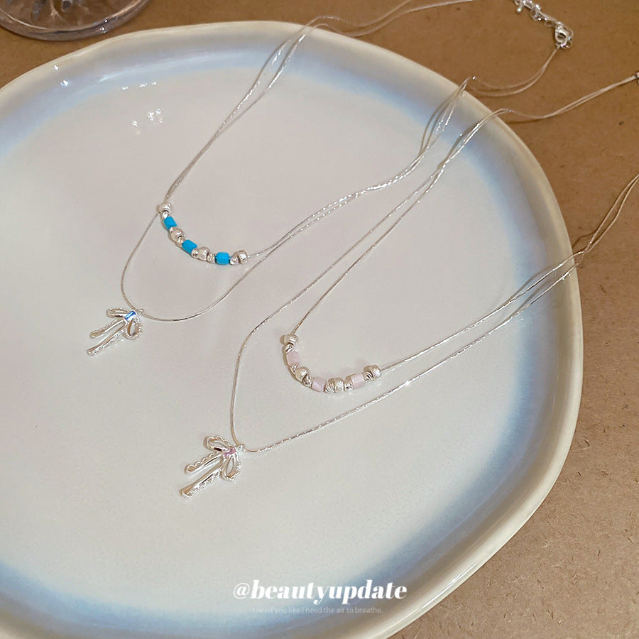 A廠【HN9212】松石鋯石蝴蝶結吊墜雙層項鍊時尚冷淡風鎖骨鏈輕奢高級感頸鍊 25.06-4