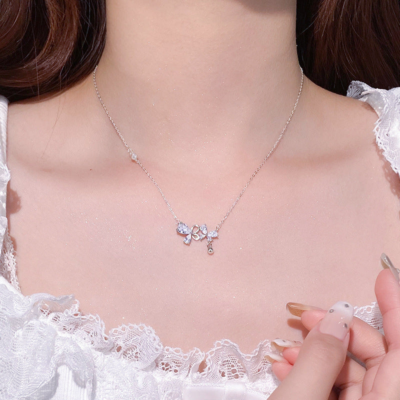 E廠【YC3977N】S999足銀雙蝴蝶花朵圓珠項鍊小清新甜美氣質森系鎖骨鏈 25.02-2