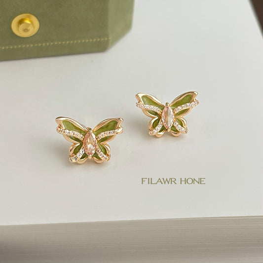 C廠【6923】原創設計微鑲鋯石925銀針琺瑯滴釉森系蝴蝶耳飾 清新甜美耳釘
 25.10-3