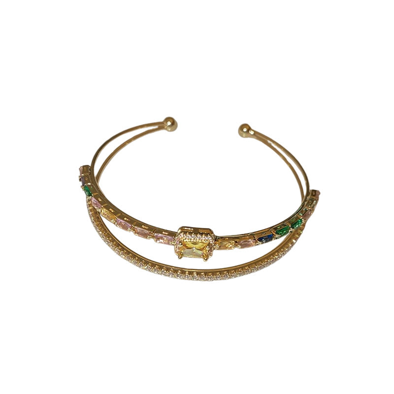 A廠【HB3488】鋯石雙層方形開口手鐲小眾個性設計手環時尚精緻輕奢手飾高級感女 25.02-2