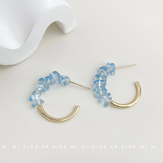 C廠【5907】清新甜美夏日新款海藍寶色玻璃水晶圓形幾何耳環度假風耳環女 25.05-1