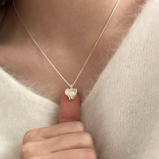 F廠【DQ1393N】小眾設計感仿珍珠愛心項鍊女S925純銀韓版時尚心型吊墜鎖骨鏈 25.03-4