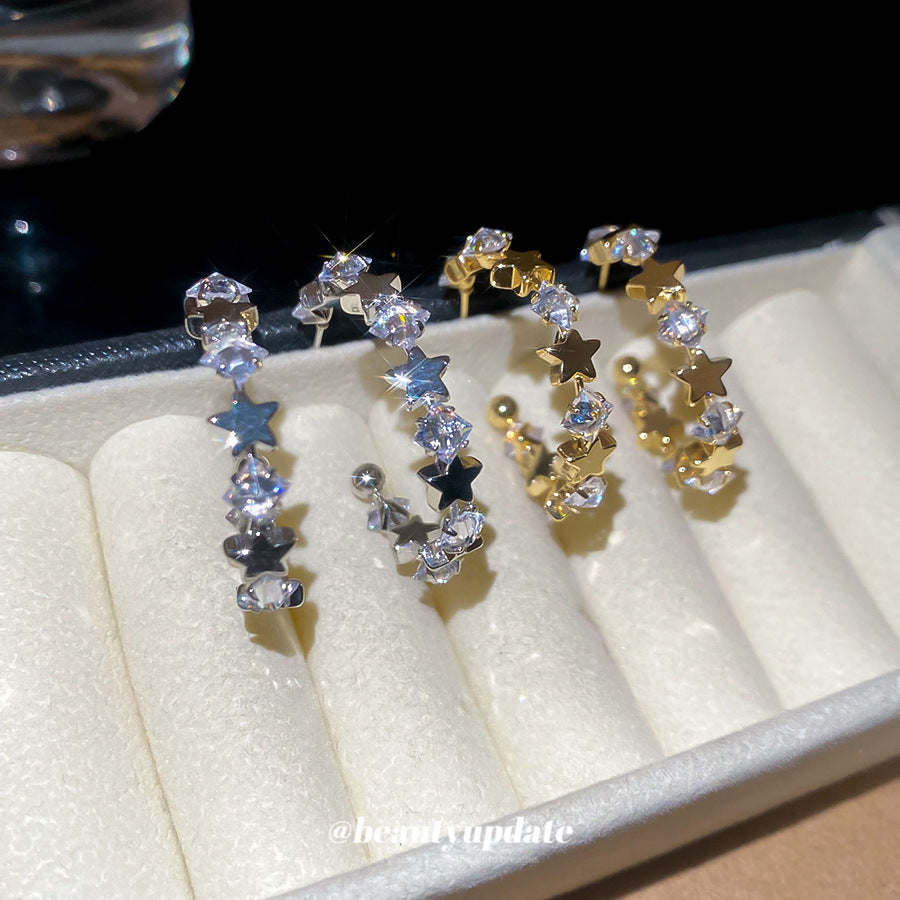 A廠【WE4838】925銀針超閃鋯石星星幾何C形耳環簡約百搭時尚耳環輕奢高級感耳飾女
 25.10-5