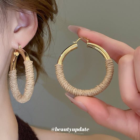 A廠【HE28343】拉菲草編織幾何圓形吊墜耳環復古民族風耳環時尚小眾設計感耳環女
 25.09-1