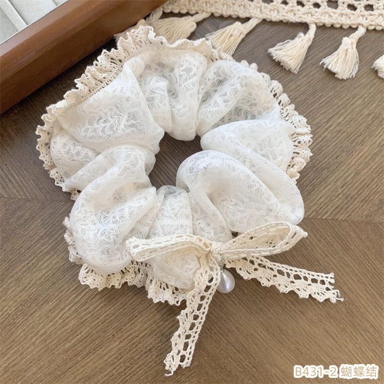 D廠【B431】法式復古蕾絲大腸髮圈女氛圍感奶白色頭繩皮筋山茶花丸子頭髮繩 24.06-1「D廠-單筆結帳需滿,NT$600出貨(不含運費)」