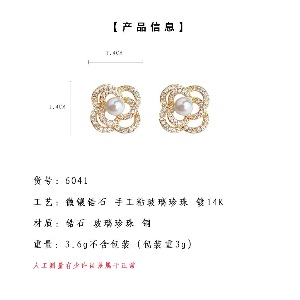 C廠【6041】微鑲鋯石925銀針鍍14K輕奢風高級感立體山茶花耳環耳飾 25.05-3