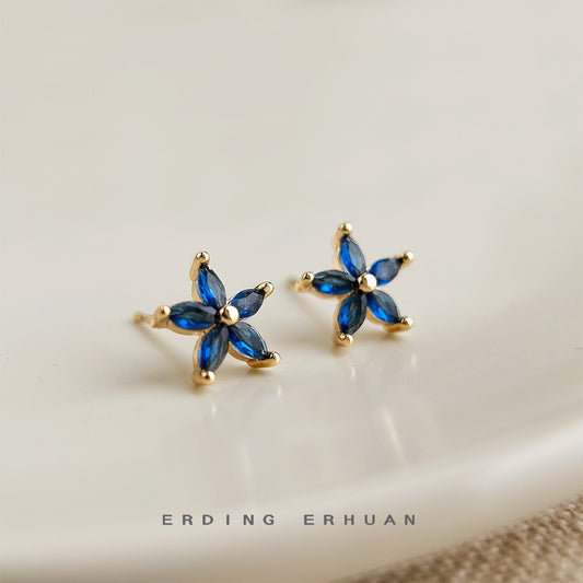 C廠【5856】藍色繫微鑲鋯石花朵甜美清新夏日新款耳飾簡約百搭花瓣耳飾女 25.04-4