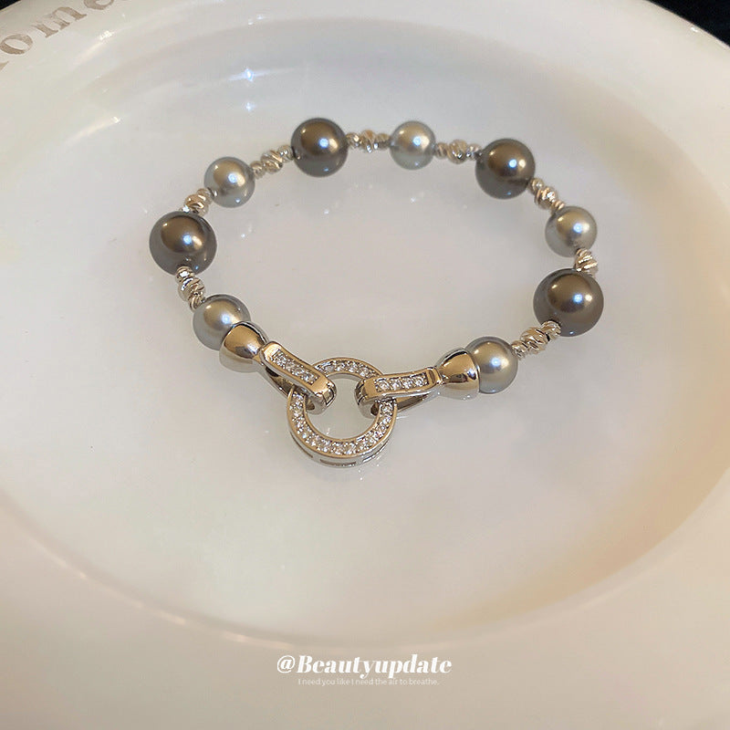 A廠【HB2016】不規則珍珠鋯石圓形手鍊通勤高級感氣質手環時尚百搭簡約手飾 24.01-2