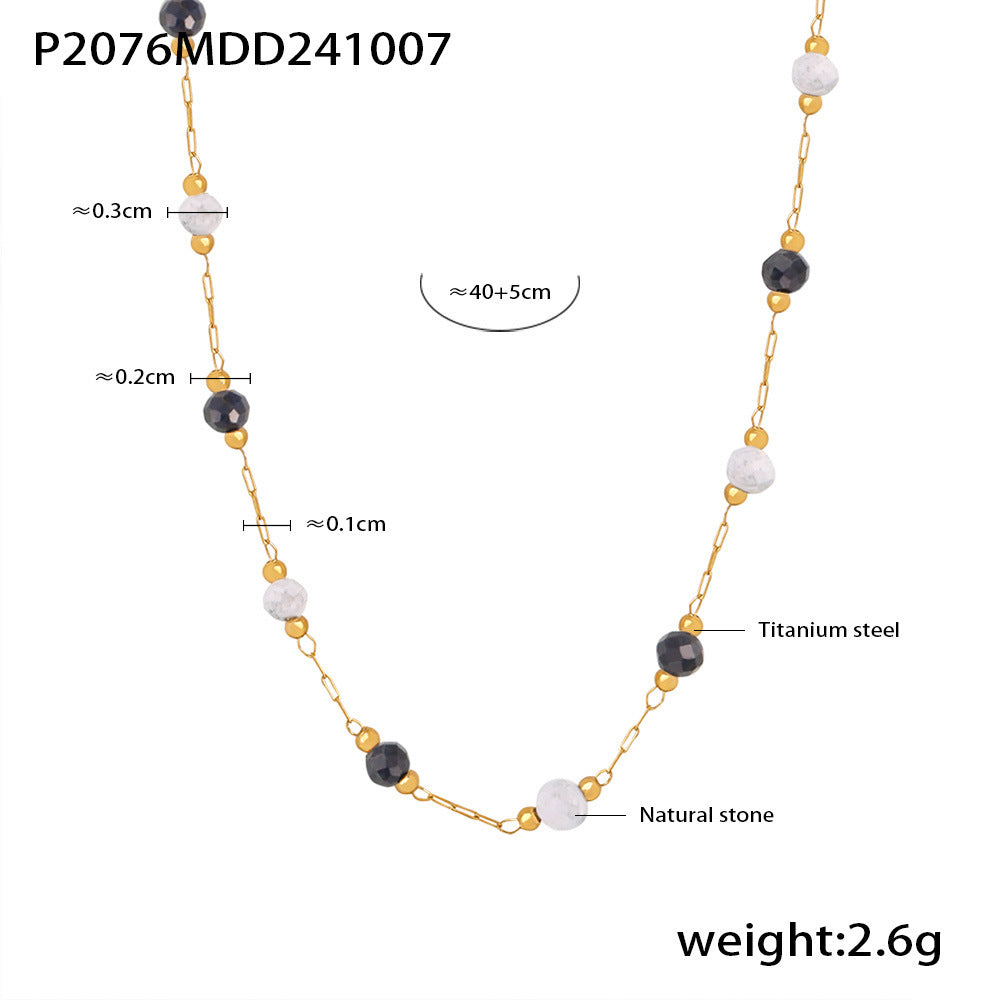 B廠【P2076】 青金天然石手工串珠鎖骨項鍊雙層疊戴鈦鋼PVD鍍真金首飾品 24.10-2