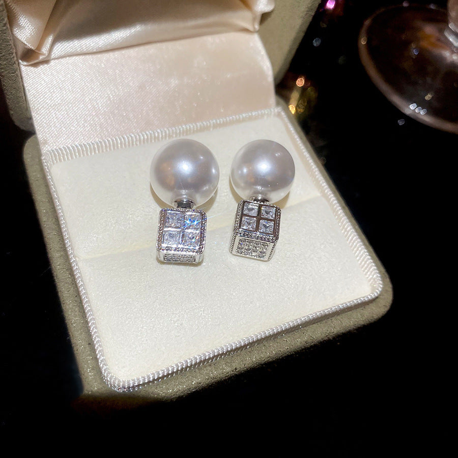 A廠【WE2314】18k真金電鍍925銀針鋯石方形珍珠 前後帶耳環女耳環輕奢高級感耳飾女 25.04-1
