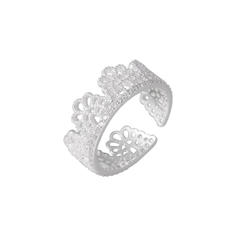 F廠【DQ8250R】S925純銀ins蕾絲花邊尾戒女簡約小眾高級感鏤空寬面開口指環 25.03-4