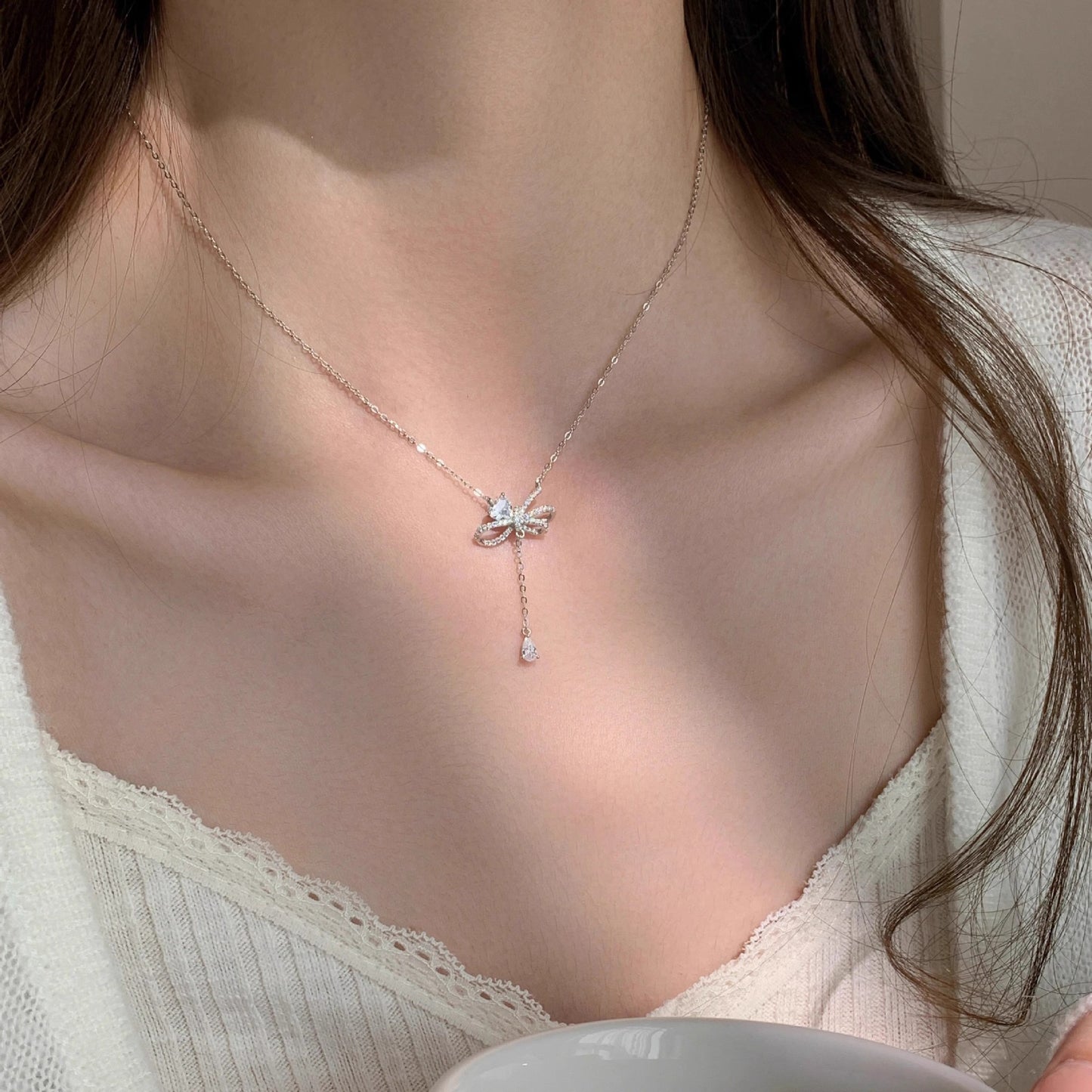 F廠【DQ2093N】S925純銀輕奢小眾蝴蝶結項鍊女愛心閃鋯優雅個性流蘇鎖骨鏈 25.03-2