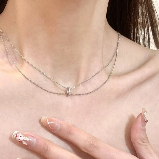 F廠【DQ1313N】冷淡風簡約雙層疊戴項鍊女S925純銀小眾設計鑲鑽圓環鎖骨鏈潮 25.06-2
