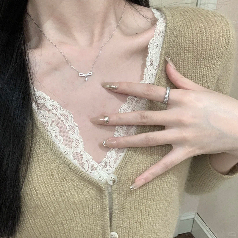 F廠【DQ1439N】S925純銀韓系簡約蝴蝶結鋯石項鍊女高級感氣質百搭鎖骨鏈 25.06-4
