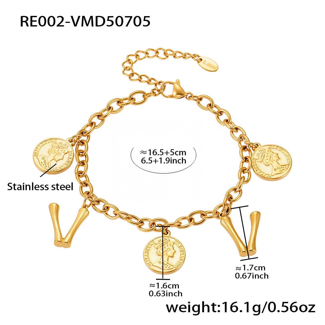 B廠【RE002】歐美飾品不鏽鋼26個字母伊莉莎白女王圖像手鍊鍍18k金色保色 25.07-3