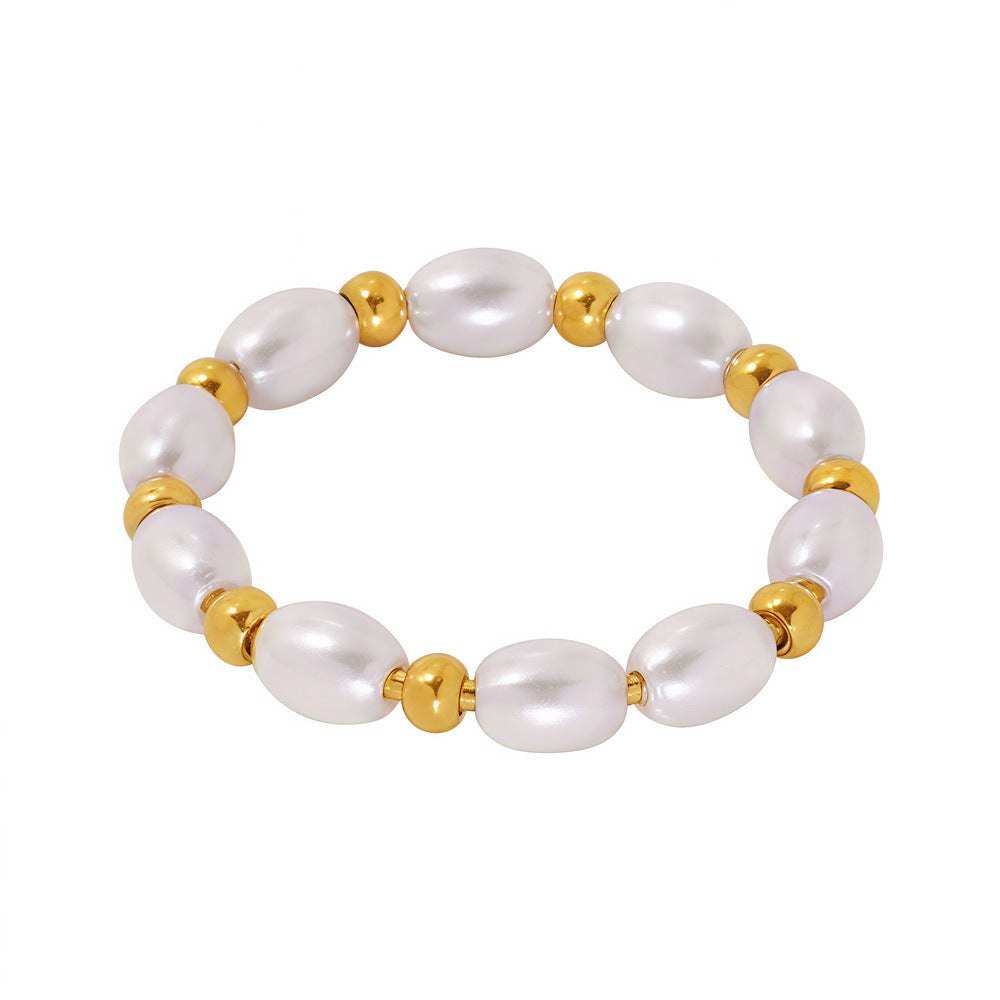 B廠【A025】ins跨境新款不鏽鋼米珠貝珠手工串珠戒指鍍18K金不掉色飾品 25.03-4