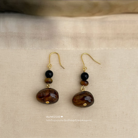 C廠【6709】文藝復古新中式國潮秋款深咖色天然石虎眼石手工耳環耳環飾品
 25.09-1