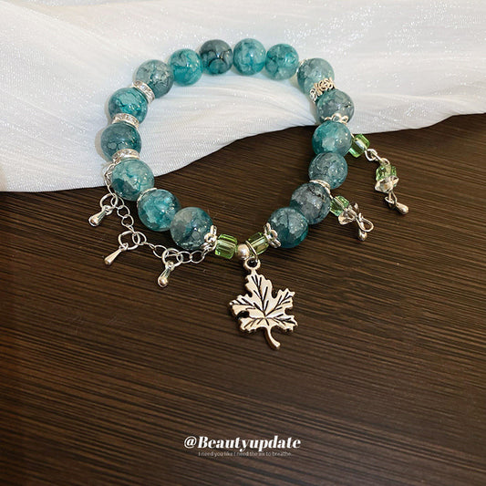 A廠【HB2957】清冷風樹葉掛墜琉璃串珠手鍊2024新款小眾文藝手串個性百搭手飾女 24.07-5