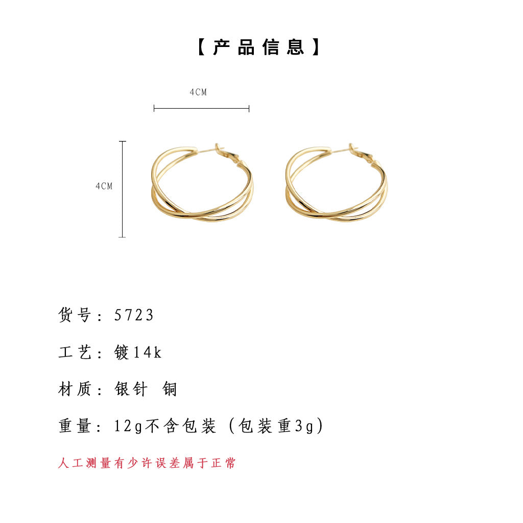 C廠【5723】時尚高級感 鍍14K旋轉幾何交叉圓形耳圈氣質誇張通勤圓圈耳環 25.03-3
