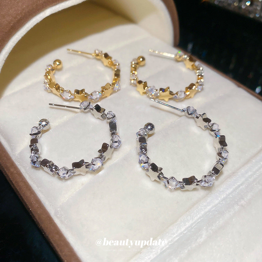 A廠【WE4838】925銀針超閃鋯石星星幾何C形耳環簡約百搭時尚耳環輕奢高級感耳飾女
 25.10-5