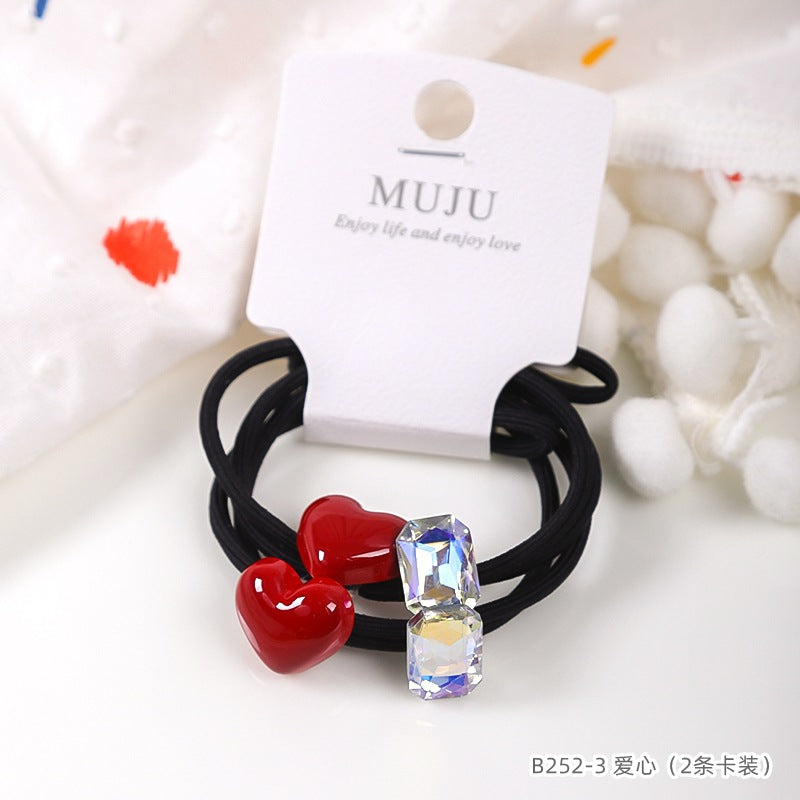 D廠【B252】氣質安可拉紅髮繩高級感2條卡裝髮圈閃亮水鑽打結皮筋高馬尾頭繩 24.11-2「D廠-單筆結帳需滿,NT$600出貨(不含運費)」