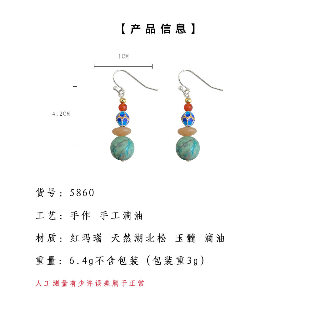 C廠【5860】文藝復古民族風天然石湖北松石琺瑯滴釉手工藝品設計景區耳環耳環 25.04-4
