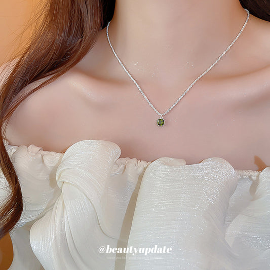 A廠【HN9280】素銀鋯石方形吊墜項鍊時尚簡約小眾設計感鎖骨鏈輕奢高級感項圈女 25.06-4